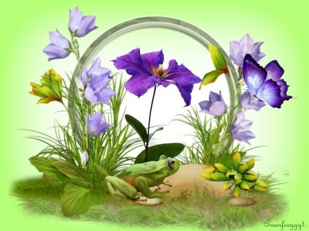 FROG WITH PURPLE FLOWERS - creation, butterfly, flowers, frog