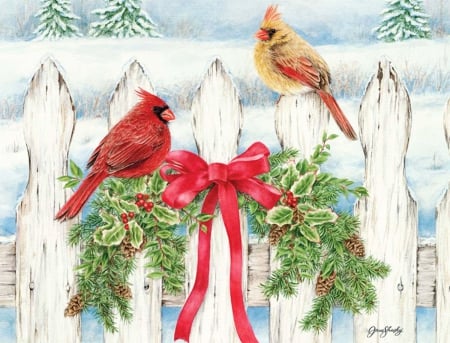 Cardinals - decoration, winter, fence, xmas, artwork, christmas, snow