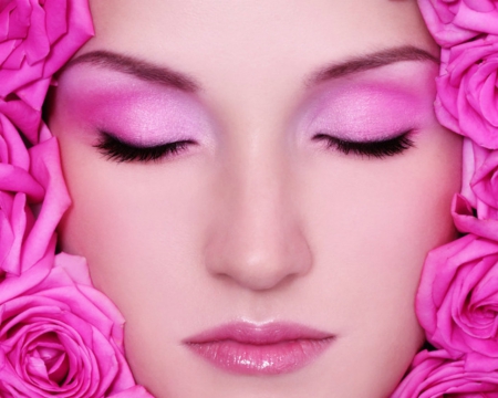 Beauty in Pink Roses - woman, face, roses, pink