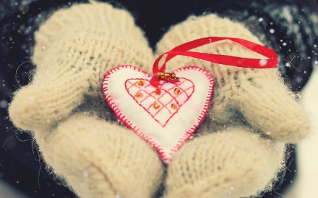 Heart gift - gift, heart, red, hand, winter, glove, valentine, christmas