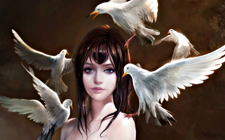 Girl and birds - white, girl, feather, wings, fantasy, bird