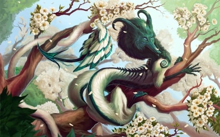 Dragon - branch, spring, flower, tree, fantasy, white, dragon, wings, art