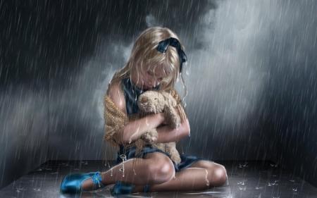 Alice - rabbit, blue, girl, blonde, Alice, creative, bunny, toy, child, fantasy, sad, rain, situation