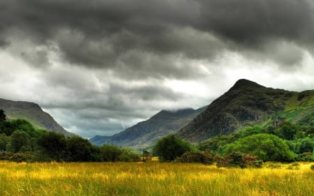 Beautiful Nature - dark, mountains, fields, clouds