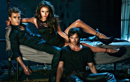 The Vampire Diaries (2009-) - woman, nina dobrev, girl, paul wesley, tv series, the vampire diaries, stefan, black, fantasy, ian somerhalder, man, blue, damon, actor, elena