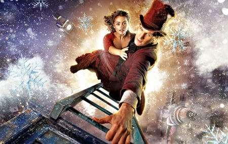 Doctor Who (2005-) - stairs, woman, actress, couple, hat, karen gillan, tv series, winter, snowflakes, man, matt smith, red, actor, doctor who