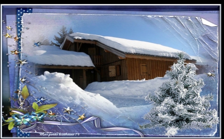 Snow Fall At Christmas - house, holiday, snow, weather, Christmas, tree