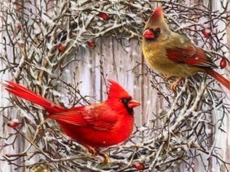 ★Country Cardinals★ - pretty, birds, winter, creative pre-made, beautiful, paintings, snow, colors, holidays, lovely, xmas and new year, cardinals, Christmas, love four seasons, winter holidays, animals