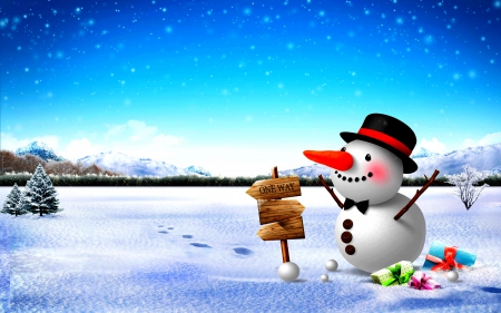 ONE WAY to  WINTER WONDER LAND - snowman, sign board, presents, snow, winter, oneway