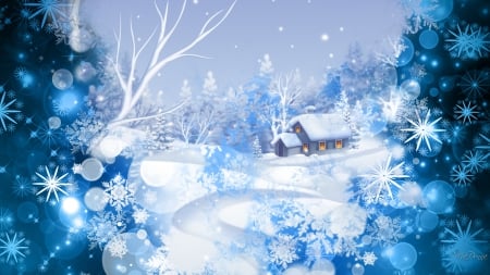 Winter Wonderland - warm, trees, winter, blue, snow, collage, cozy, framed, cottage