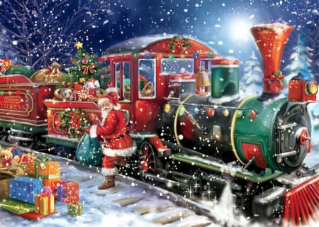 Christmas Train - xmas, gift, fantasy, train, santa, locomotive, art, pretty, artwork, presents, clause, gifts, winter, steam, christmas, abstract, snow