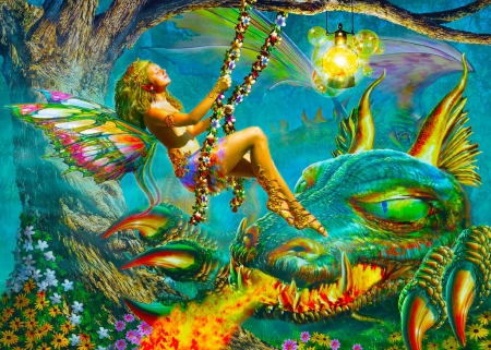 Fairy and Dragon - woman, girl in swing, girl, colorful, fantasy, cg, art, beautiful, swing, fairie, dragon, fairy, digital