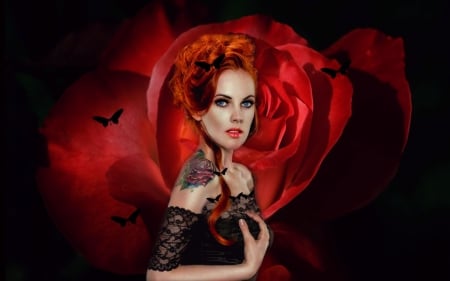 Lady of the rose - woman, lady, hair, blue eyes, black, rose, red, tatoo, butterflies