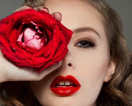 Red Rose Beauty - face, rose, lips, eye, woman