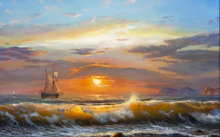 Sunset - summer, water, boat, yellow, art, wave, sunset, sea, painting