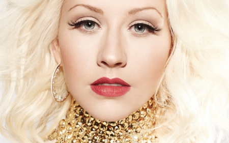 Christina Aguilera - singer, girl, beauty, jewel, music, Christina Aguilera, red, woman, face, golden, artist, blue eyes