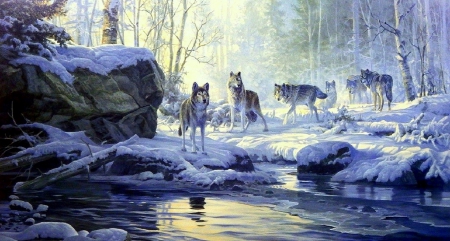 â˜…Six Wolves Togetherâ˜… - animals, six wolves, creative pre-made, creek, wolves, white trees, paintings, xmas and new year, wildlife, forests, winter, lovely, nature, love four seasons, beautiful, together, snow, colors