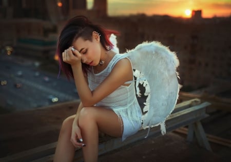 Angel - sunset, roof, wings, girl, angel, city