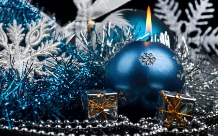 Blue and Silver - winter, holiday, blue, silver, glitter, ornaments, candle, Christmas