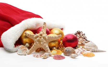 Seashore Santa - December, seashell, photography, Santa, Yule, red, ornaments, Hat, Christmas