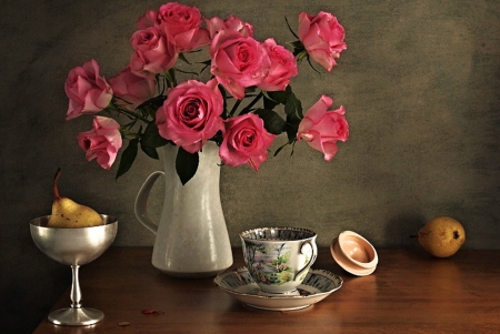 Still Life - vase, roses, pink, cup