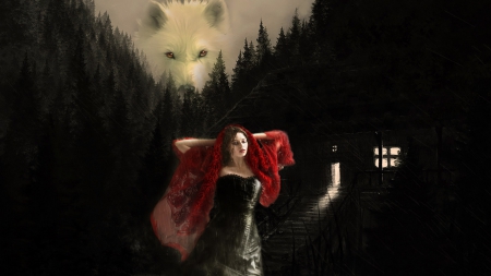 Watching through the darkness... - cottage, woman, rain, black forest, darkness, fantasy, wolf, red eyes, wolves, leather dress, red shawl, night time, white wolf