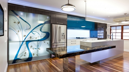 Kitchen design - kitchen cabinets, fridge, design, sink, kitchen, reflection, lamps