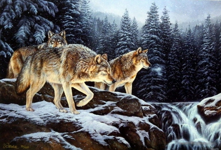 Spirit of the Wild - winter, painting, predators, artwork, snow, firs, forest, wolves