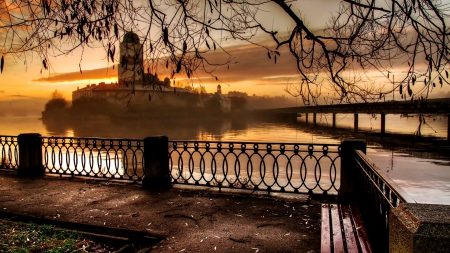 Sunset - castle - sunset, bridge, castle, river