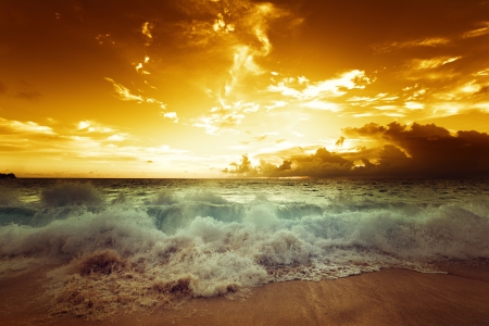 Sunset - sea - waves - waves, sea, Sunset, foam