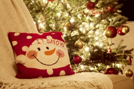 Let It Snow - pillow, let it snow, snow man, still life, christmas tree, chair, ornaments, santa hat, lights