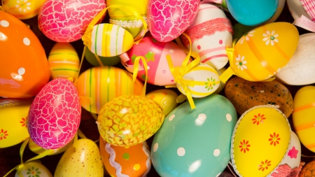 Easter eggs - easter, white, eggs, yellow, pink, blue, holiday, orange, decoration