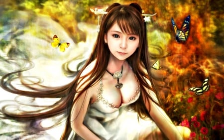 Girl - i-chen lin, fantasy, white, red, girl, butterfly, orange, art