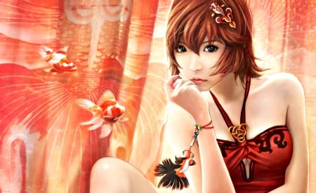 Goldfish Princess - i-chen lin, fantasy, goldfish, red, girl, princess, orange, art