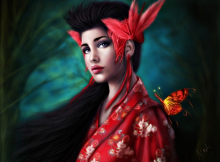 Geisha - nahid mehn, geisha, girl, kimono, fantasy, red, green, woman, butterfly, art, asian