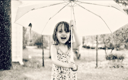 It's raining! - girl, rain, joy, child, summer, black, white, blue, umbrella