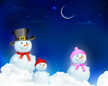 Snowman - moon, sky, snowman, christmas