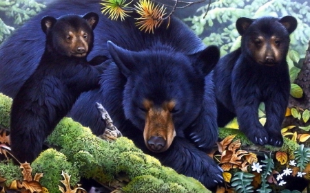 Black Bears - creative pre-made, beautiful, paintings, lovely, bears, family, leaves, autumn, love four seasons, draw and paint, animals, wildlife