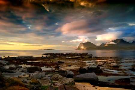 Sunset - mountains - lake, mountains, sunset, clouds