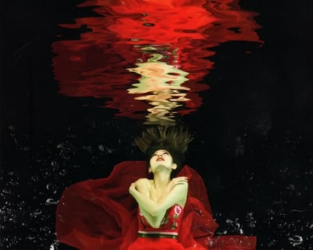 Underwater Beauty - reflection, red, woman, underwater