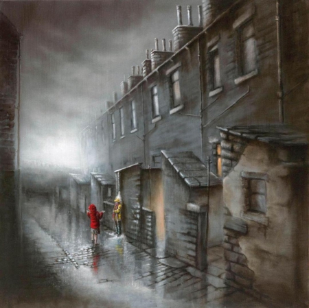 Rainy day - painting, houses, abstract, art