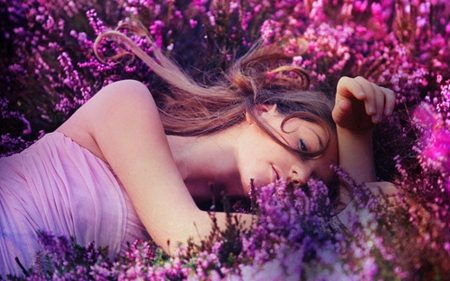 Beauty - flowers, lying, pink, woman