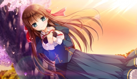 Blushing - blush, cute, anime girl, adorable, girl, ribbon, lolita, pretty, kawaii, sweet, brown hair, anime, hd, dress, cg, long hair, blushing, loli, nice, lovely, female