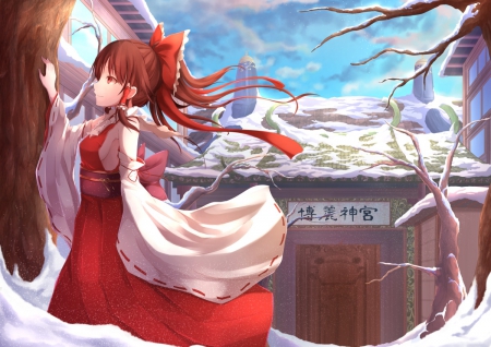 Coming Winter - beautiful, hakurei reimu, village, anime girl, girl, oriental, shrine maiden, white, ribbon, red, hakurei, japan, winter, pretty, shrine, beauty, sweet, brown hair, anime, reimu hakurei, dress, touhlu, long hair, reimu, home, nice, lovely, scene, female, house, japanese, snow