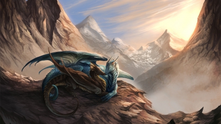 Dragons - kissing, blue dragon, brown dragon, mountain, couple, dragons