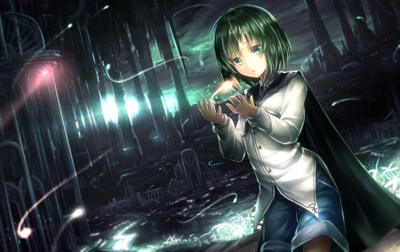 Wriggle Nightbug - cute, beautiful, anime girl, adorable, girl, mscene, fantasy, magic, light, green hair, touhou, pretty, kawaii, short hair, beauty, sweet, anime, hd, night, cg, nice, lovely, scene, female