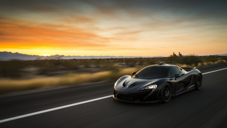 Black McLaren - black, high speed, sunset, driving, car, road, mclaren