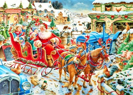 The Christmas Farm - sleigh, birds, artwork, children, cows, cat, santa, horses, houses, tractor