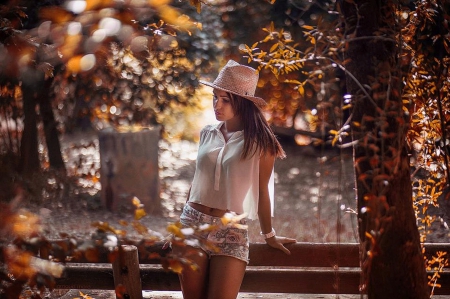 beautiful - hat, bridges, trees, autumn, girl