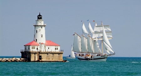 sailboat and lighthouse - sky, lighthouse, sea, sailboat